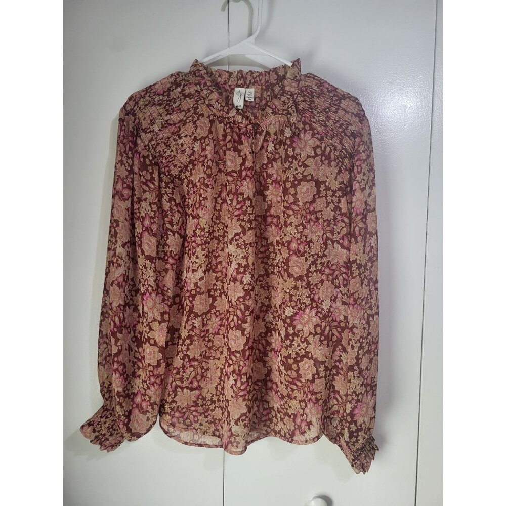 joie women's LG Semi Sheer Floral Metallic Fleck Smock Blouse Top Boho Whimsy
